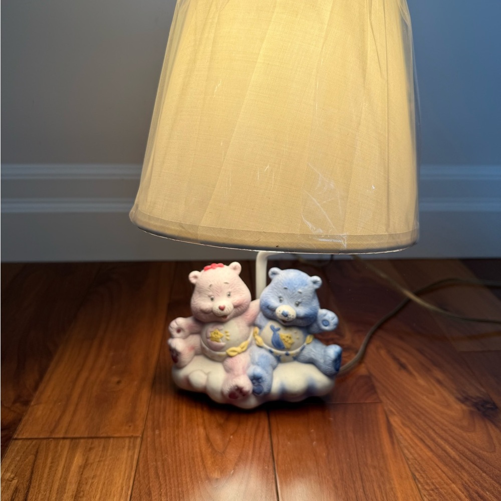 American greetings 1980s Care Bears baby hugs and baby tugs beside lamp